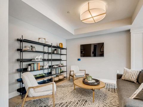 A living room with a white wall and a black shelf.
