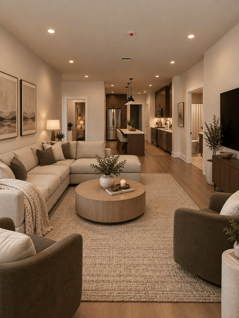 A modern living room with a large sectional sofa, a coffee table, and a rug.