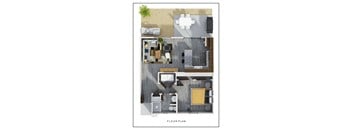 A floor plan of a room with a kitchen, dining area, and living room.