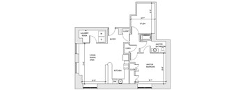 A floor plan of a house with a living dining area, kitchen, two bedrooms, a study, a bathroom, and a laundry room.