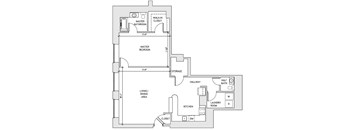 A floor plan of a house with a living area, kitchen, and two bedrooms.