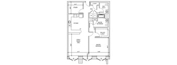 A floor plan of a house with a living area, kitchen, study, master bedroom, and half bath.