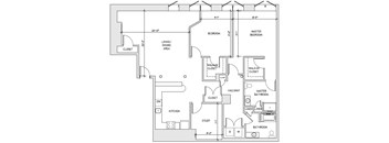 A floor plan of a house with a living area, kitchen, study, and two bedrooms.