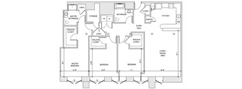 A floor plan of a house with two bedrooms, a pantry, a kitchen, a living area, a bathroom, a storage area, and a walk-in closet.
