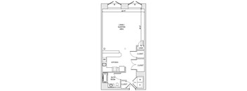 A floor plan of a small apartment with a living/sleeping area, kitchen, and bathroom.
