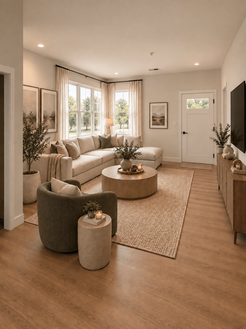 A modern living room with a large couch, a coffee table, and a flat-screen TV.