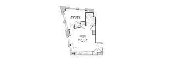 A floor plan of a room with a bedroom, living room and kitchen.