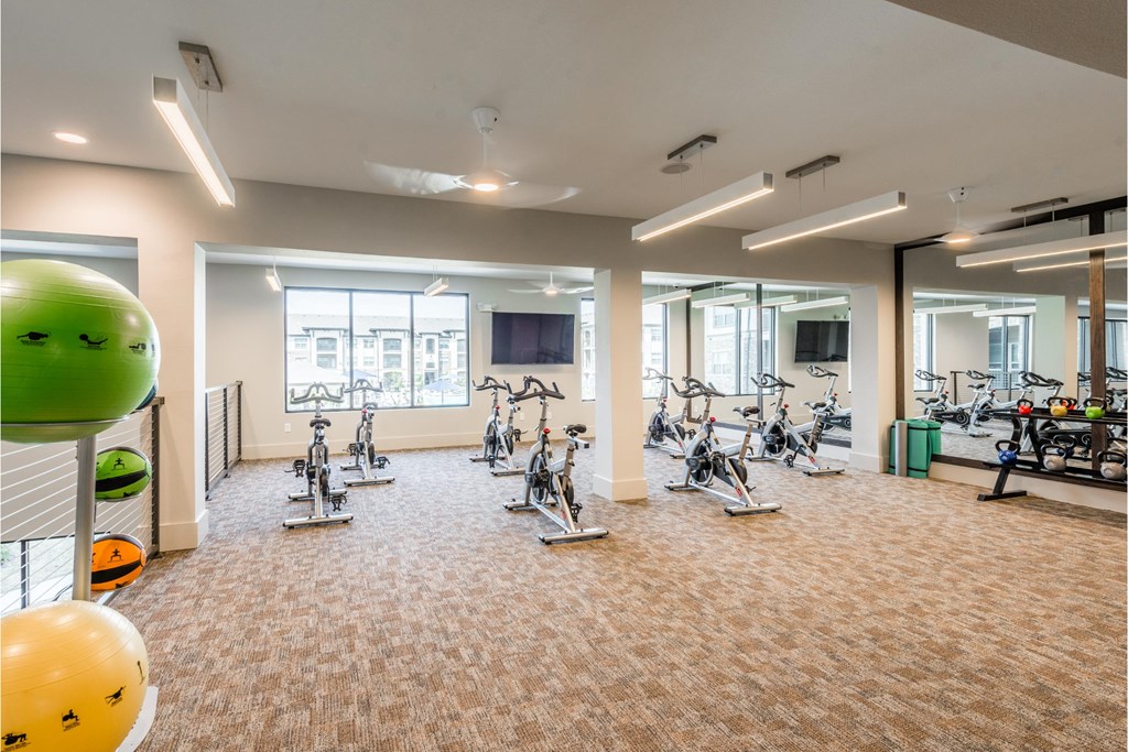 a gym with exercise equipment and windows at the district at highland village apartments