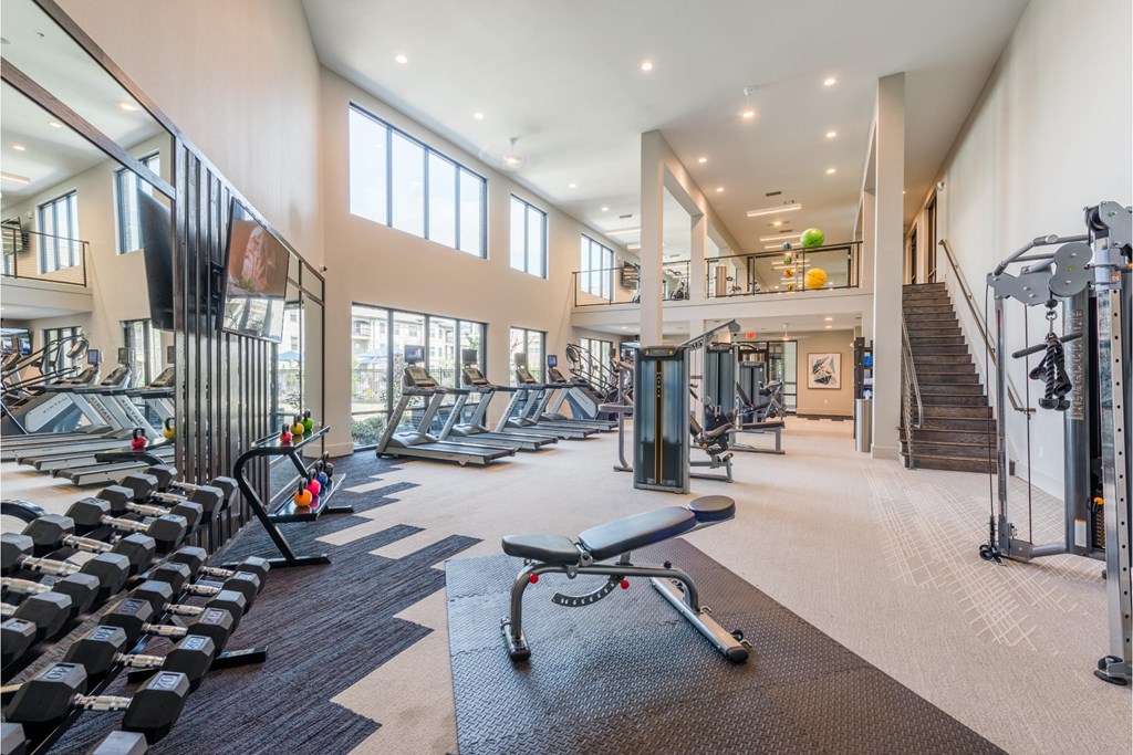 the gym with cardio equipment and weights at the preserve apartments