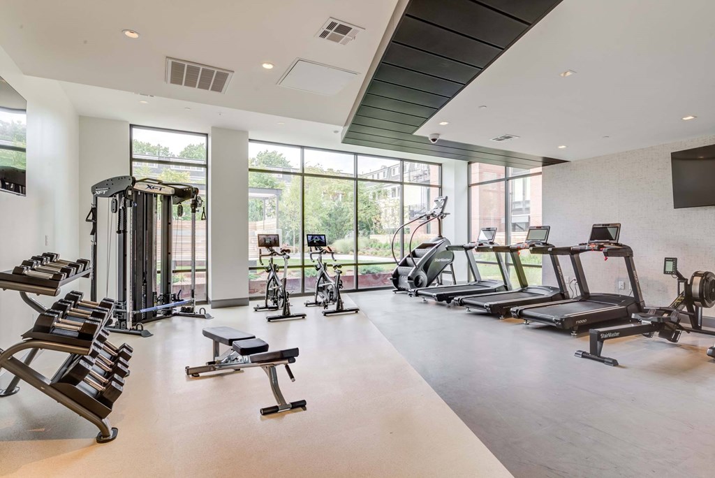 A gym with treadmills, elliptical machines, and other exercise equipment.