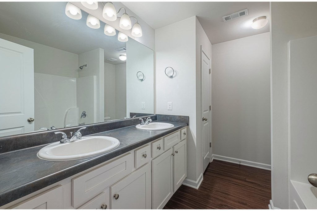 a bathroom with two sinks and a mirror