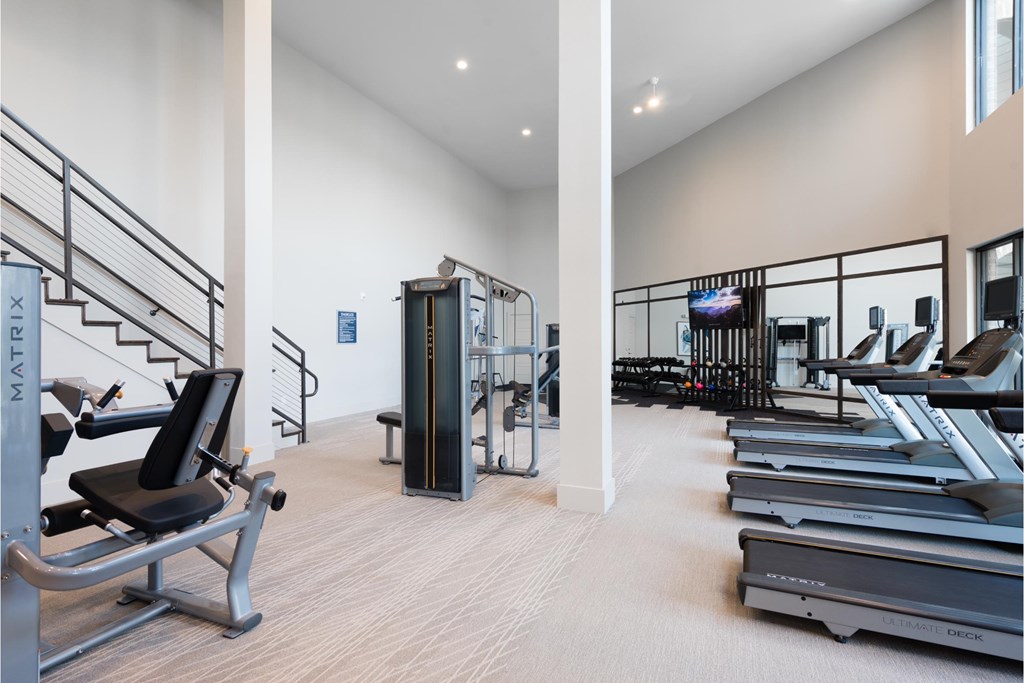 the gym with treadmills and weights at the flats