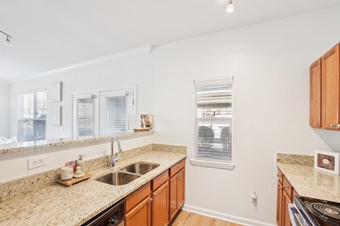 A kitchen with a sink, stove, and cabinets.