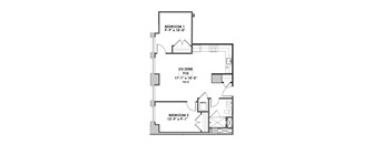 A floor plan of a two bedroom apartment with a living room and dining area.