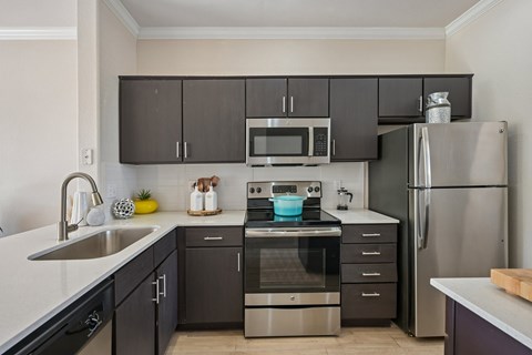 A modern kitchen with dark brown cabinets and stainless steel appliances.