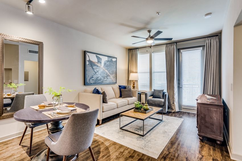 modern living room with wood plank flooring