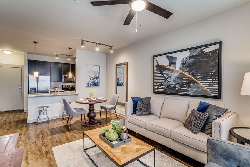 modern living room with wood plank flooring