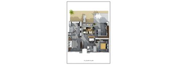 A floor plan of a house with a kitchen, living room, and bathroom.