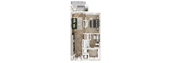 A floor plan of a small apartment with a kitchen, living room, and bathroom.