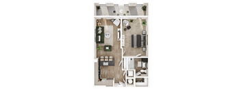 A top-down view of a small apartment layout with a kitchen, living room, and bathroom.