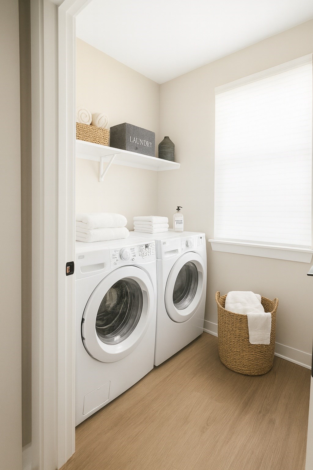A laundry room with a washer and dryer and a basket of towels.