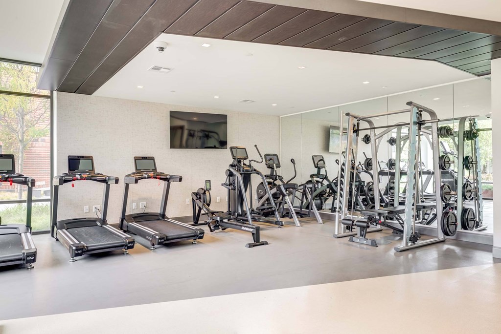 A gym with treadmills, elliptical machines, and other exercise equipment.