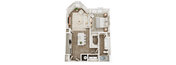 A floor plan of a small apartment with a living room, kitchen, and two bedrooms.