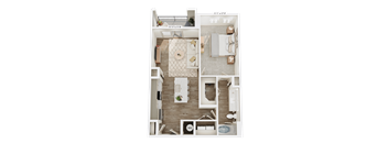 A floor plan of a small apartment with a living room, kitchen, and bathroom.