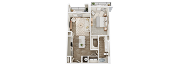 A floor plan of a one bedroom apartment with a living room, kitchen, and bathroom.