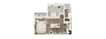 A floor plan of a small apartment with a living room, kitchen, and bathroom.