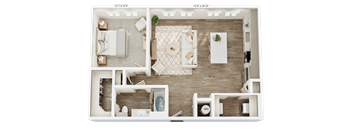 A 3D floor plan of a house with a living room, kitchen, and two bedrooms.
