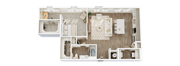 A floor plan of a house with a living room, kitchen, and two bedrooms.