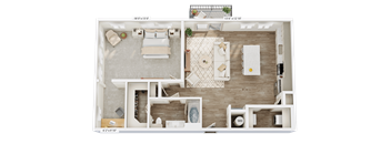 A 3D floor plan of a small apartment with a bedroom, living room, and kitchen.