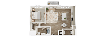 A top-down view of a house layout with a kitchen, living room, and bathroom.