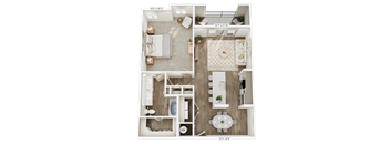 A floor plan of a small apartment with a bedroom, living room, kitchen, and bathroom.