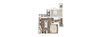 A floor plan of a small apartment with a living room, kitchen, and bathroom.