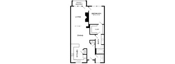A black and white floor plan of an apartment with a living room, dining room, kitchen, bedroom, bathroom, and closet.
