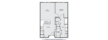 A floor plan of a small apartment with a living room, bedroom, kitchen, bathroom, and entry.