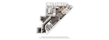A 3D floor plan of a house with a kitchen, living room, and bathroom.