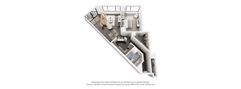 A 3D floor plan of a house with a kitchen, living room, and bathroom.