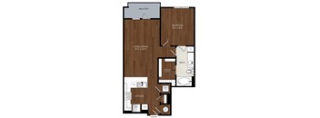 A floor plan of an apartment with a living room, kitchen, bathroom, and balcony.