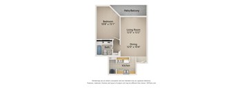A floor plan of a small apartment with a bathroom, bedroom, living room, dining area and kitchen.
