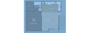 A floor plan of a small apartment with a bedroom, living room, kitchen, and bathroom.