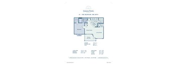 A blueprint of a one bedroom apartment with a living room, dining room, and kitchen.