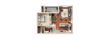 A 3D floor plan of a small apartment with a living room, kitchen, and bathroom.