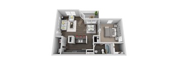 A 3D floor plan of a house showing a kitchen, living room, two bedrooms, a bathroom, and a balcony.