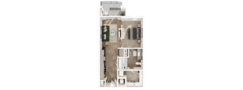 A top-down view of a small apartment layout with a kitchen, living room, and bathroom.
