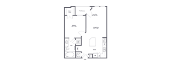 A floor plan of a house with a living room, dining room, kitchen, and bathroom.