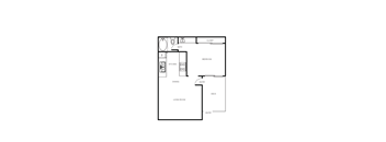 A floor plan of a small apartment with a kitchen, living room, and bathroom.