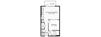 A floor plan of a house with a balcony, kitchen, living room, dining room, bedroom, bathroom, and utility area.